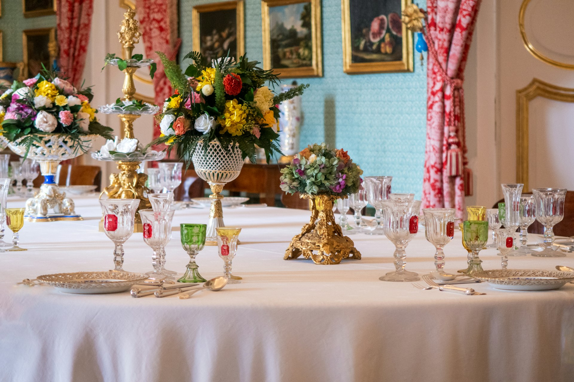 a table with a bunch of glasses on it