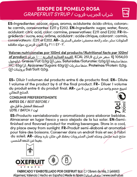 Sirope OXEFRUIT Pomelo Rosa 0º 70cl