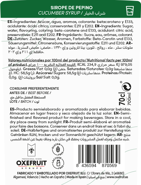 Sirope OXEFRUIT Pepino 0º 70cl