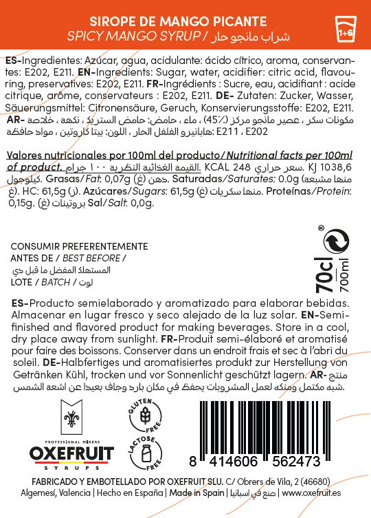 Sirope OXEFRUIT Mango Picante 0º 70cl